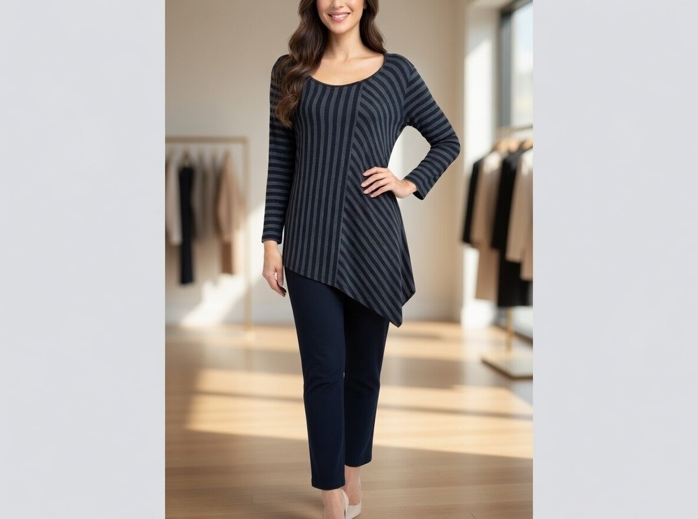 Cable & Gauge Women's Asymmetrical Stripe Sweater Tunic M Black Grey 30" VG